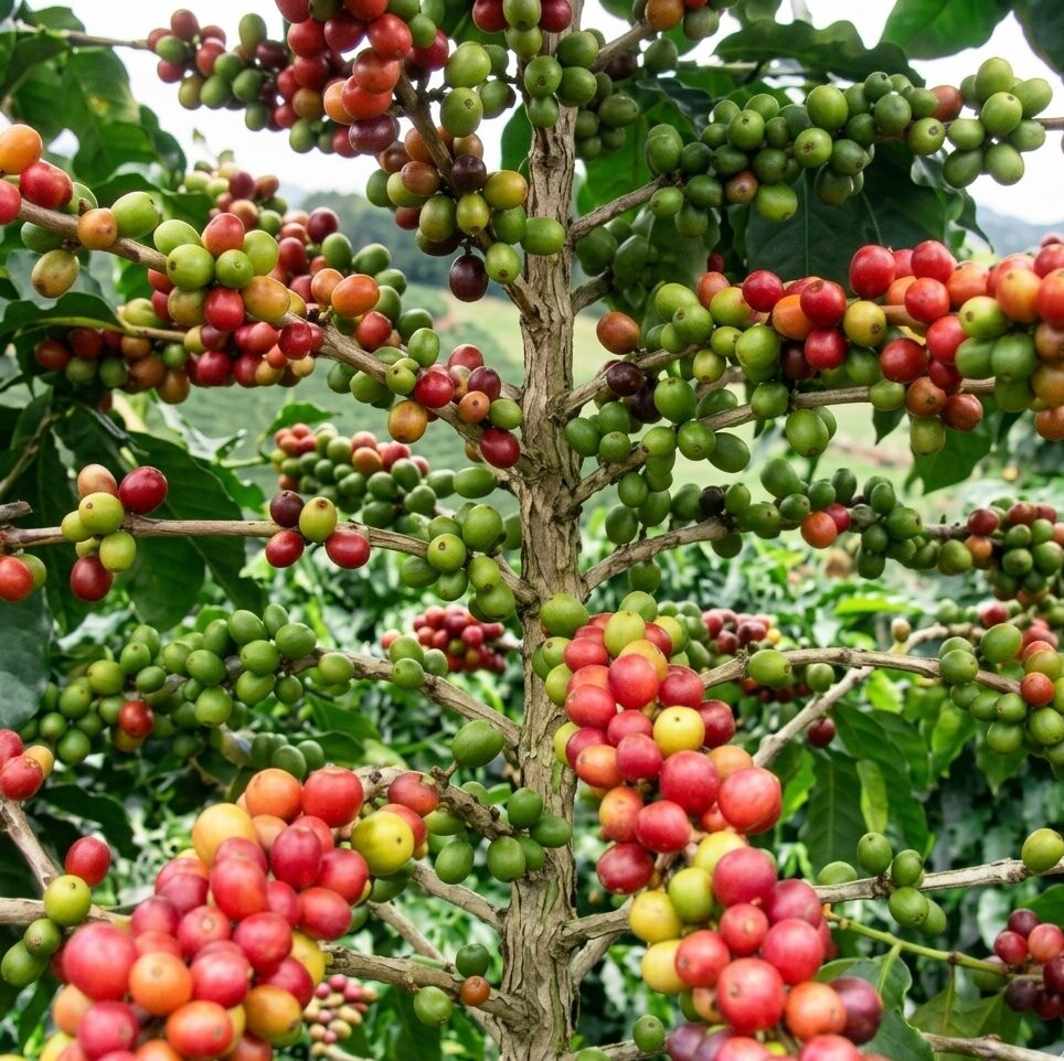 Vibrant red and green coffee cherries growing on a Toraja coffee tree