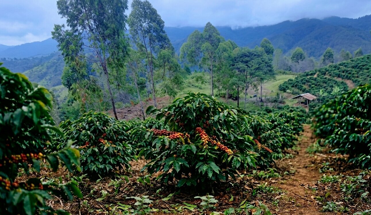 Misty Toraja highlands with green hills and blue mountains
